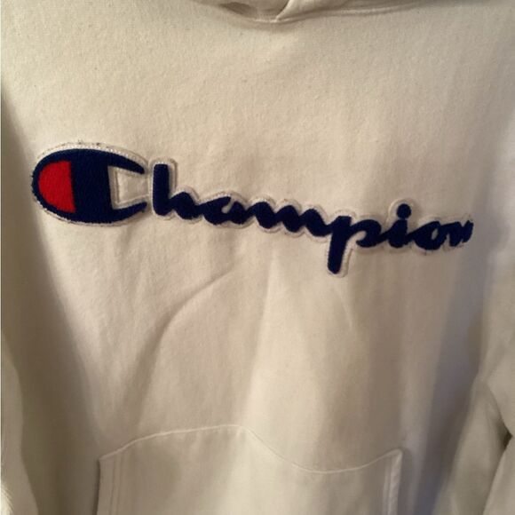 CHAMPION REVERSE WEAVE HOODIE CHENILLE SPELLOUT WHITE USA VINTAGE Large - Picture 4 of 8